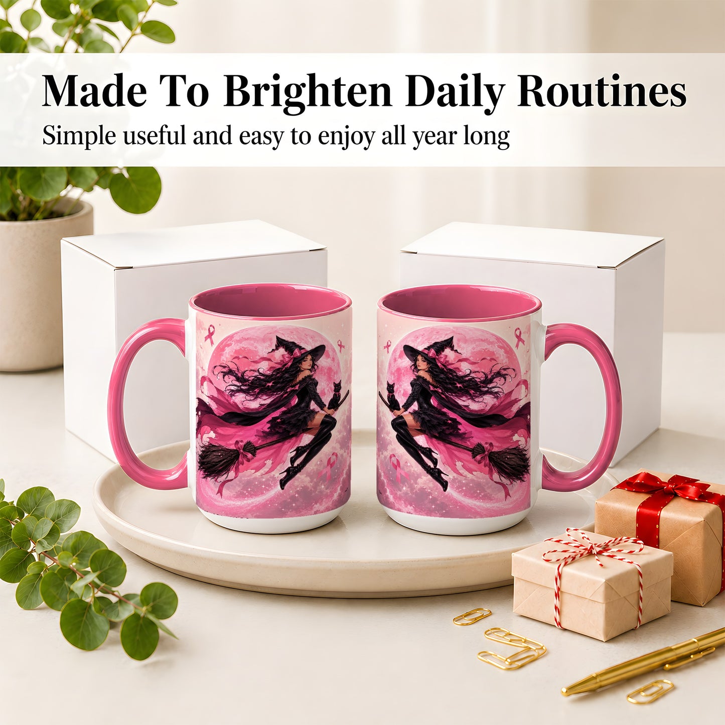 #pl[15oz|Pink] Pink Ribbon Witch Ceramic Mug, Moon Cat Art for Awareness Supporters