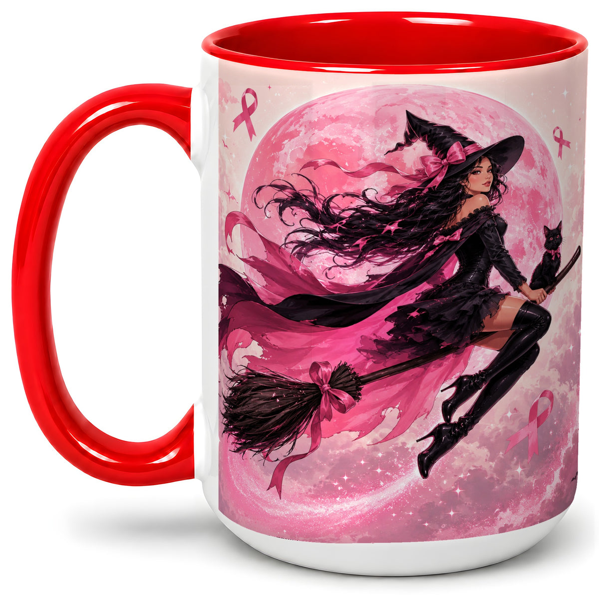 #pl[15oz|Red] Pink Ribbon Witch Ceramic Mug, Moon Cat Art for Awareness Supporters