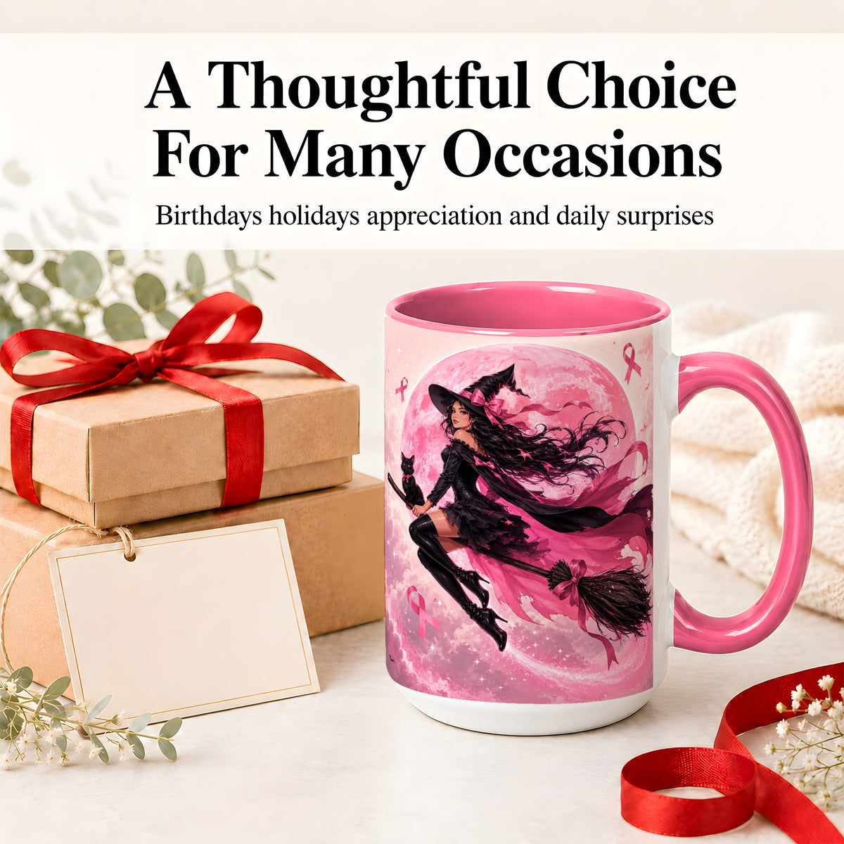 #pl[15oz|Pink] Pink Ribbon Witch Ceramic Mug, Moon Cat Art for Awareness Supporters
