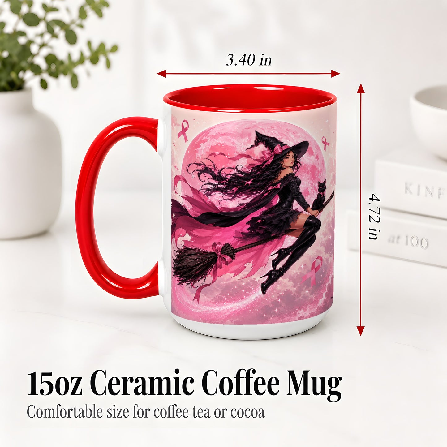 #pl[15oz|Red] Pink Ribbon Witch Ceramic Mug, Moon Cat Art for Awareness Supporters