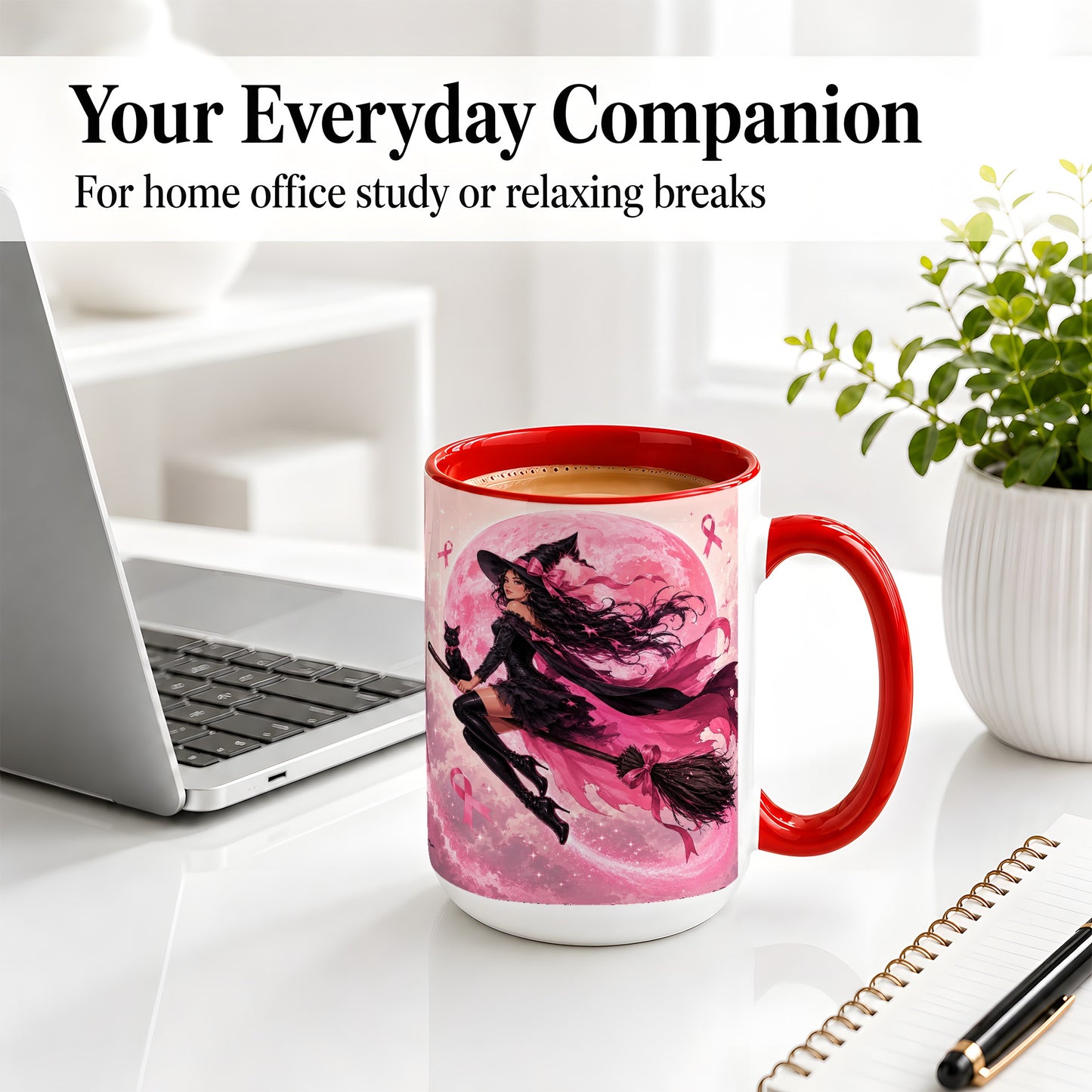 #pl[15oz|Red] Pink Ribbon Witch Ceramic Mug, Moon Cat Art for Awareness Supporters