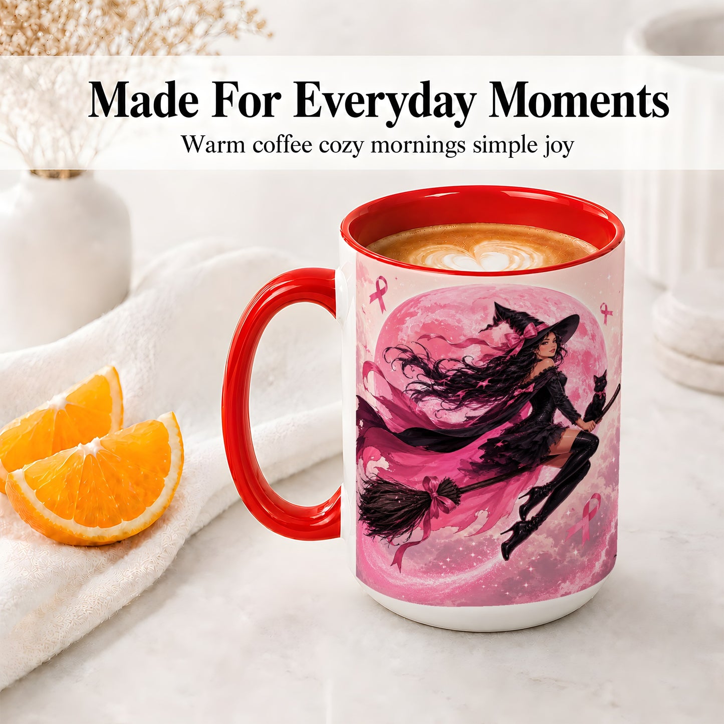 #pl[15oz|Red] Pink Ribbon Witch Ceramic Mug, Moon Cat Art for Awareness Supporters