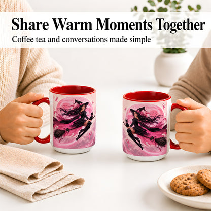 #pl[15oz|Red] Pink Ribbon Witch Ceramic Mug, Moon Cat Art for Awareness Supporters