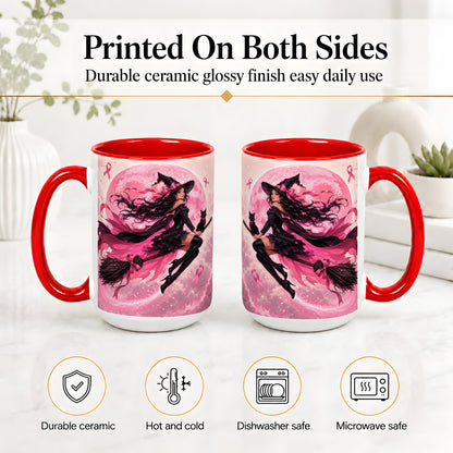 #pl[15oz|Red] Pink Ribbon Witch Ceramic Mug, Moon Cat Art for Awareness Supporters
