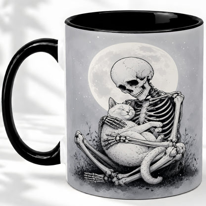 #pl[11oz|Black] Skeleton Cat Hug Ceramic Mug, Full Moon Spooky Art for Cat Lovers