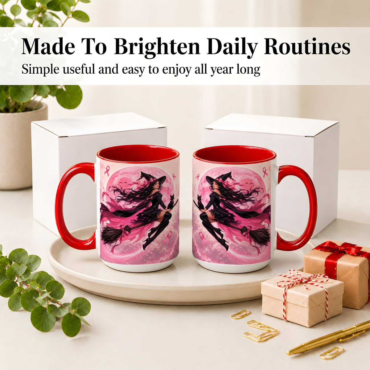 #pl[15oz|Red] Pink Ribbon Witch Ceramic Mug, Moon Cat Art for Awareness Supporters