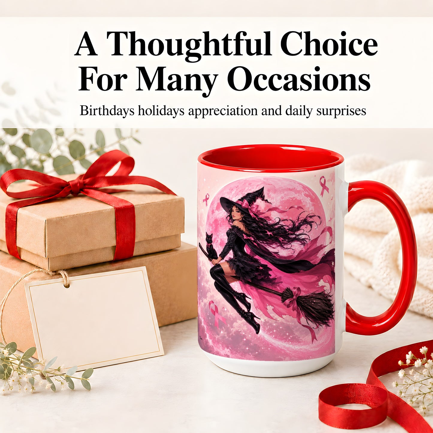 #pl[15oz|Red] Pink Ribbon Witch Ceramic Mug, Moon Cat Art for Awareness Supporters