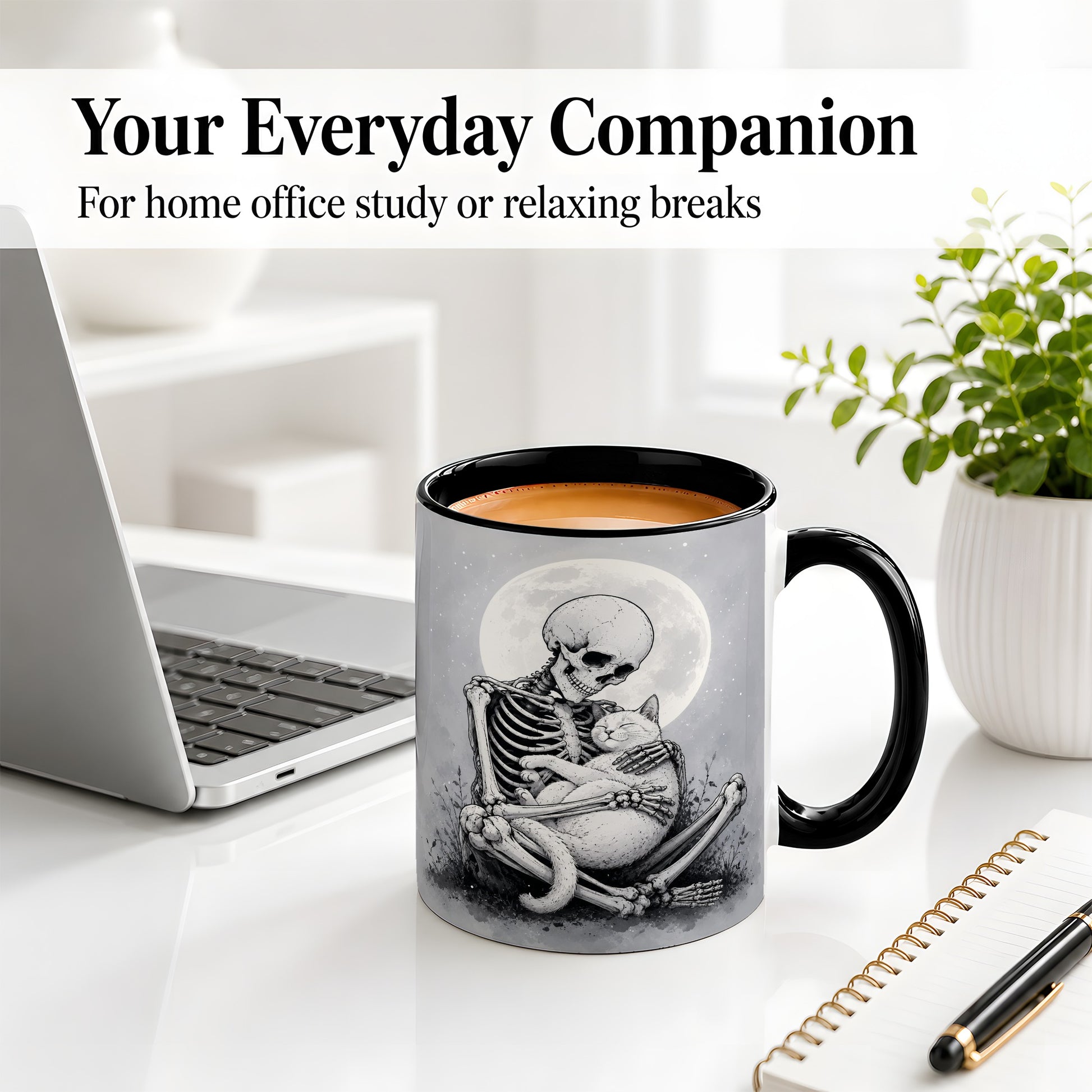 #pl[11oz|Black] Skeleton Cat Hug Ceramic Mug, Full Moon Spooky Art for Cat Lovers
