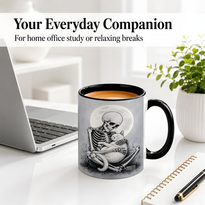 #pl[11oz|Black] Skeleton Cat Hug Ceramic Mug, Full Moon Spooky Art for Cat Lovers