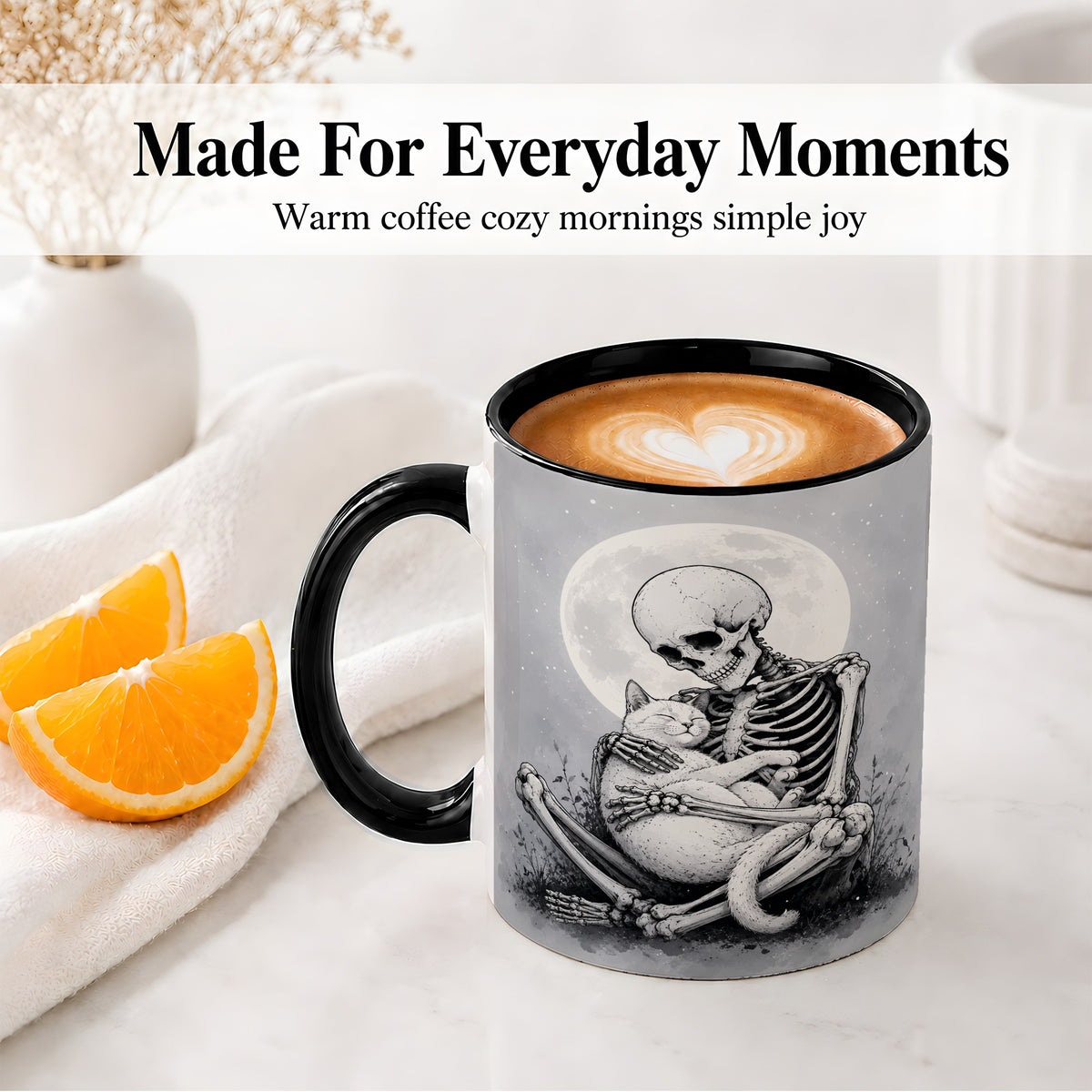 #pl[11oz|Black] Skeleton Cat Hug Ceramic Mug, Full Moon Spooky Art for Cat Lovers