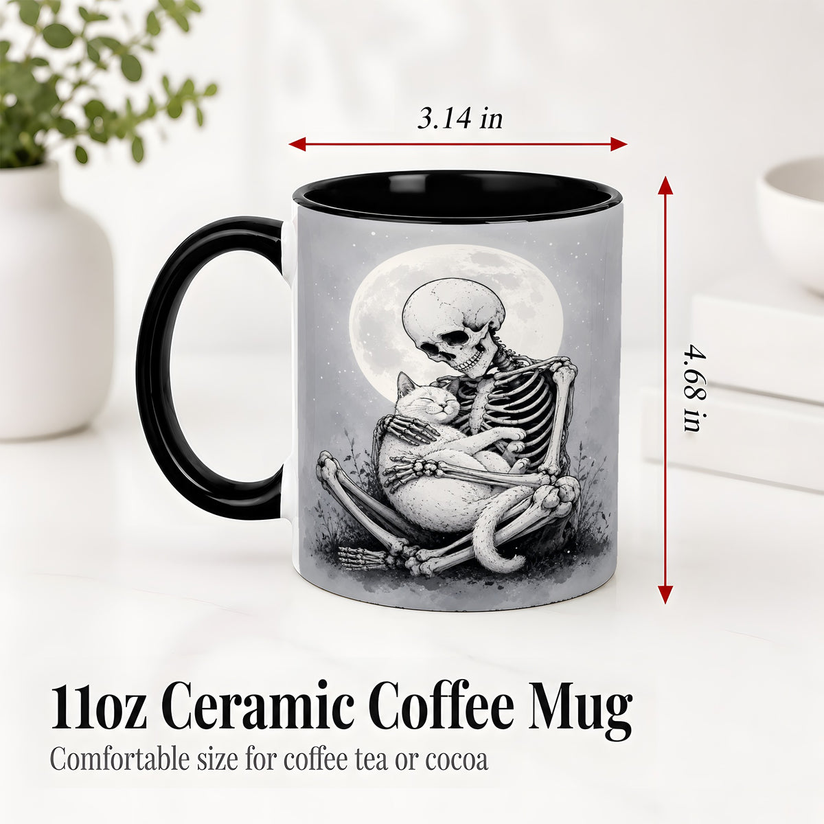#pl[11oz|Black] Skeleton Cat Hug Ceramic Mug, Full Moon Spooky Art for Cat Lovers