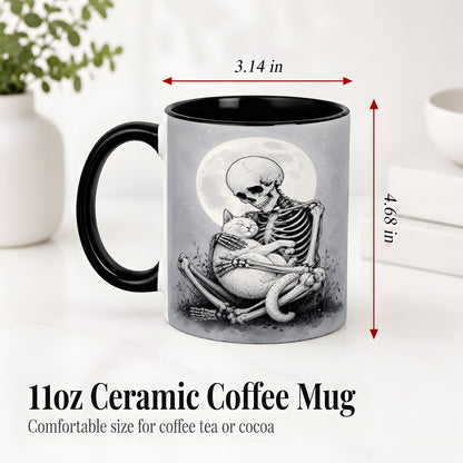#pl[11oz|Black] Skeleton Cat Hug Ceramic Mug, Full Moon Spooky Art for Cat Lovers