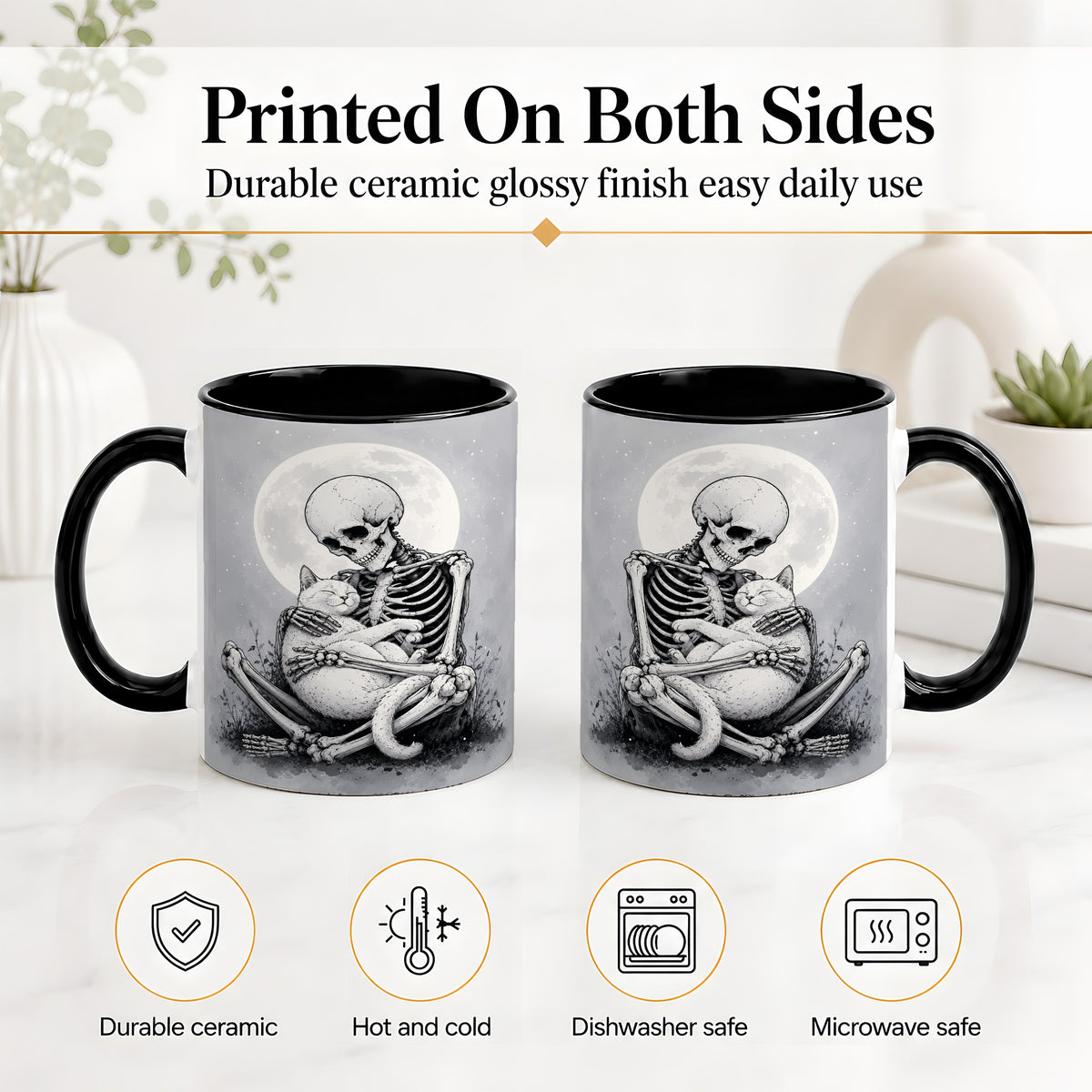 #pl[11oz|Black] Skeleton Cat Hug Ceramic Mug, Full Moon Spooky Art for Cat Lovers