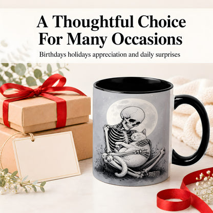 #pl[11oz|Black] Skeleton Cat Hug Ceramic Mug, Full Moon Spooky Art for Cat Lovers
