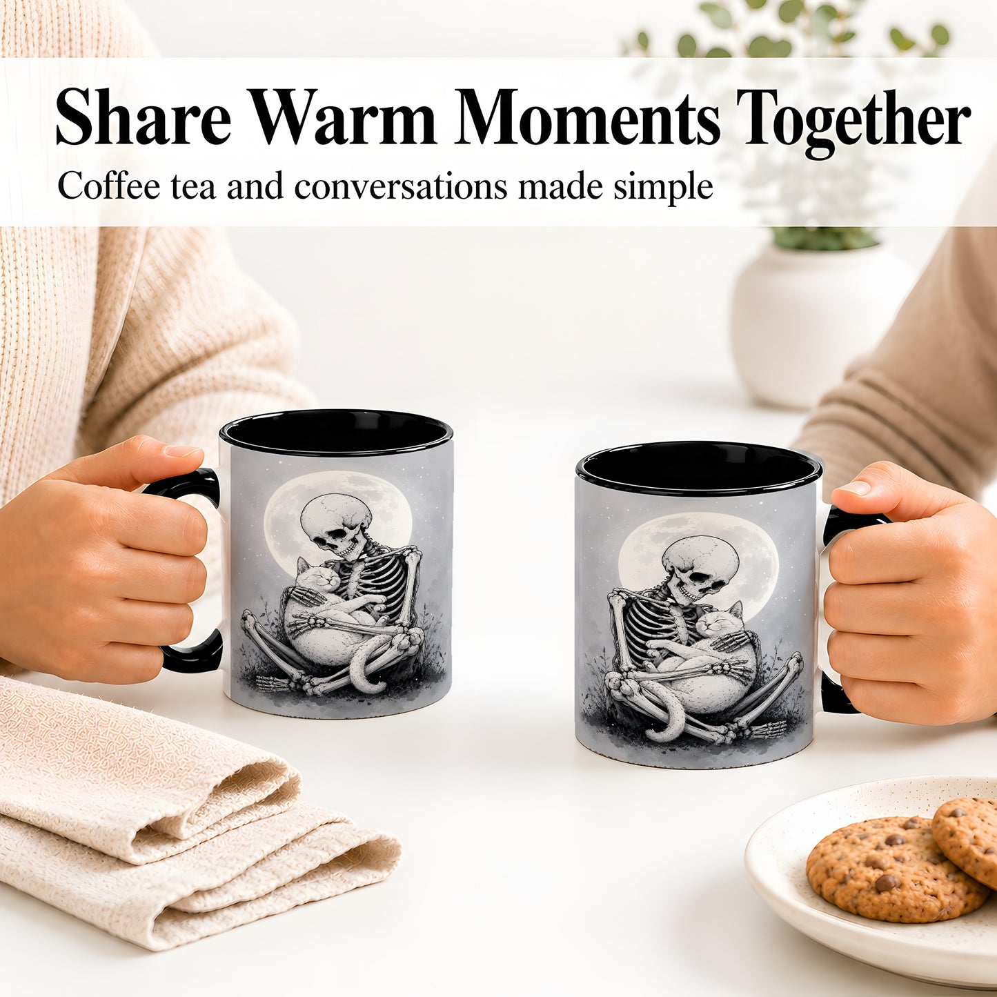 #pl[11oz|Black] Skeleton Cat Hug Ceramic Mug, Full Moon Spooky Art for Cat Lovers