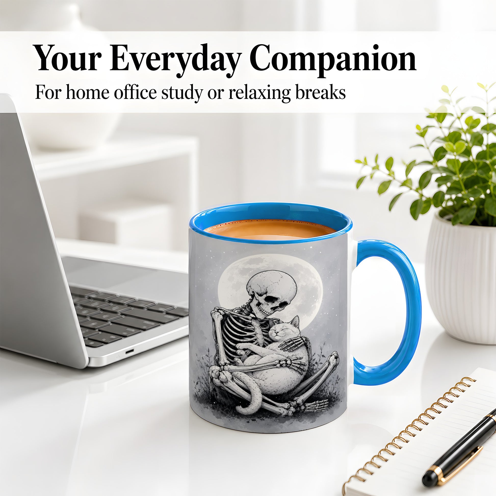 #pl[11oz|Blue] Skeleton Cat Hug Ceramic Mug, Full Moon Spooky Art for Cat Lovers