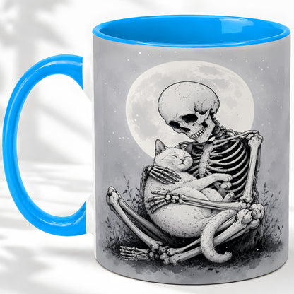 #pl[11oz|Blue] Skeleton Cat Hug Ceramic Mug, Full Moon Spooky Art for Cat Lovers