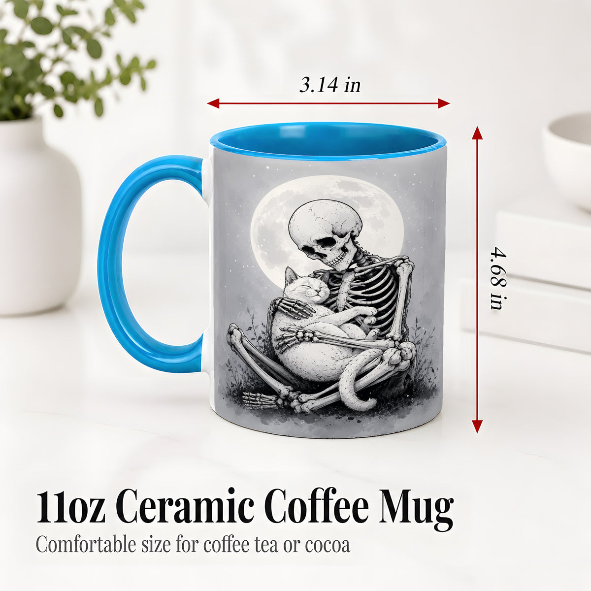 #pl[11oz|Blue] Skeleton Cat Hug Ceramic Mug, Full Moon Spooky Art for Cat Lovers