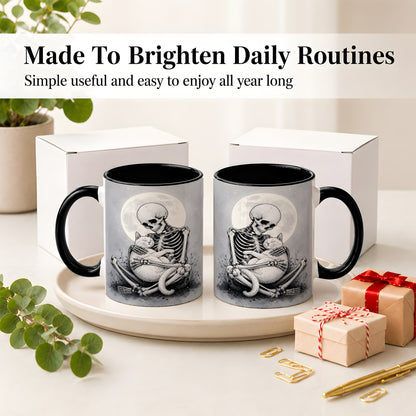 #pl[11oz|Black] Skeleton Cat Hug Ceramic Mug, Full Moon Spooky Art for Cat Lovers