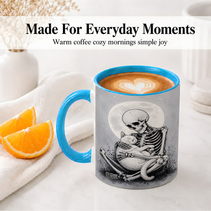 #pl[11oz|Blue] Skeleton Cat Hug Ceramic Mug, Full Moon Spooky Art for Cat Lovers