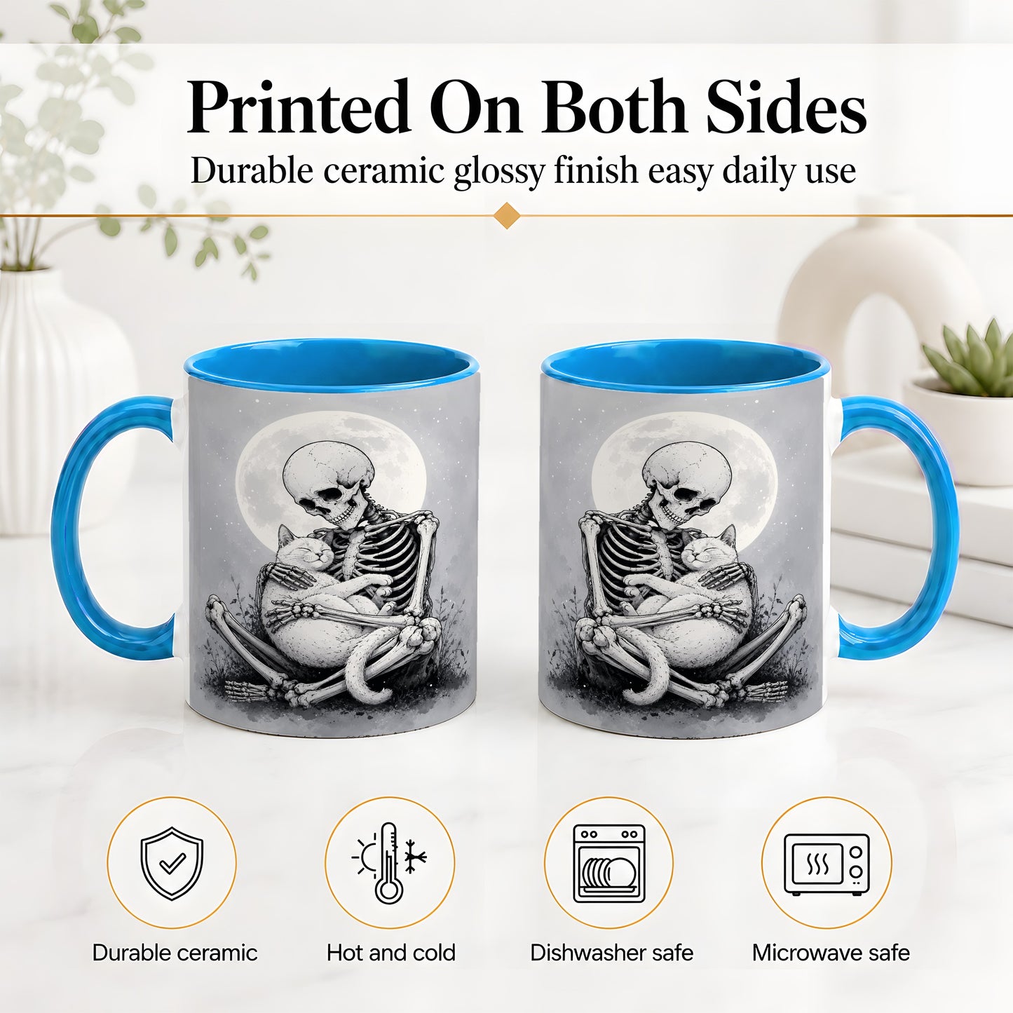 #pl[11oz|Blue] Skeleton Cat Hug Ceramic Mug, Full Moon Spooky Art for Cat Lovers