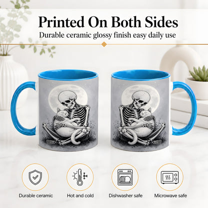 #pl[11oz|Blue] Skeleton Cat Hug Ceramic Mug, Full Moon Spooky Art for Cat Lovers