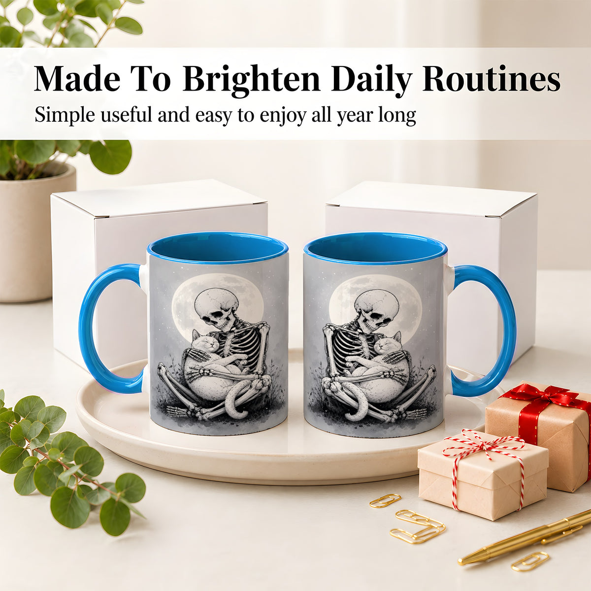 #pl[11oz|Blue] Skeleton Cat Hug Ceramic Mug, Full Moon Spooky Art for Cat Lovers