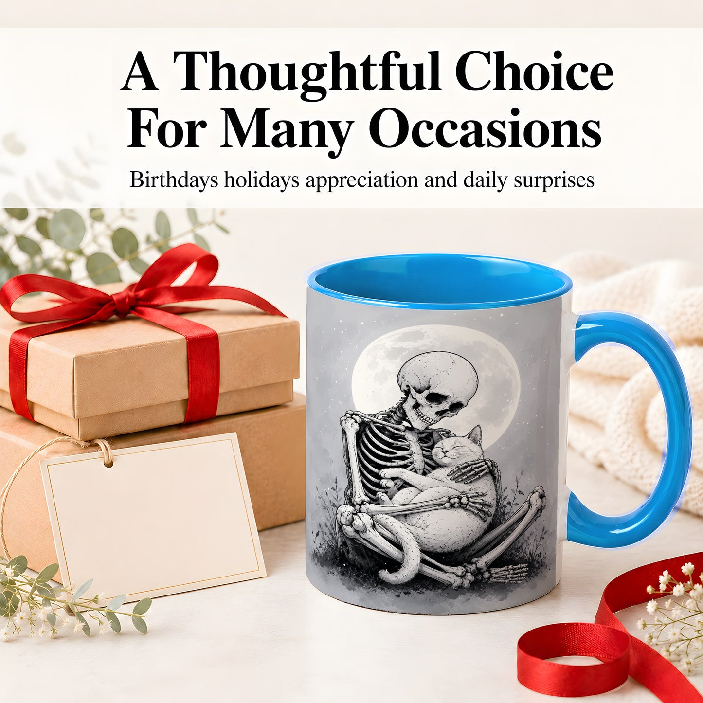 #pl[11oz|Blue] Skeleton Cat Hug Ceramic Mug, Full Moon Spooky Art for Cat Lovers