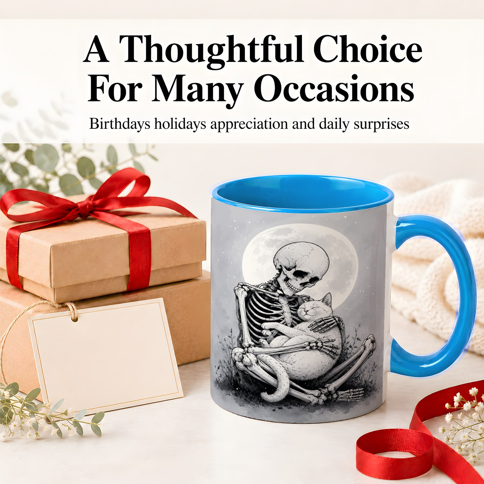 #pl[11oz|Blue] Skeleton Cat Hug Ceramic Mug, Full Moon Spooky Art for Cat Lovers