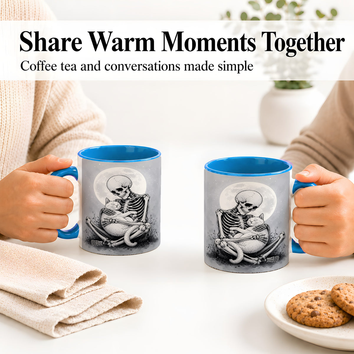 #pl[11oz|Blue] Skeleton Cat Hug Ceramic Mug, Full Moon Spooky Art for Cat Lovers