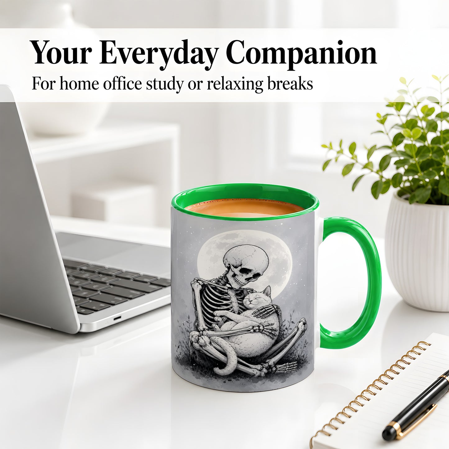 #pl[11oz|Green] Skeleton Cat Hug Ceramic Mug, Full Moon Spooky Art for Cat Lovers
