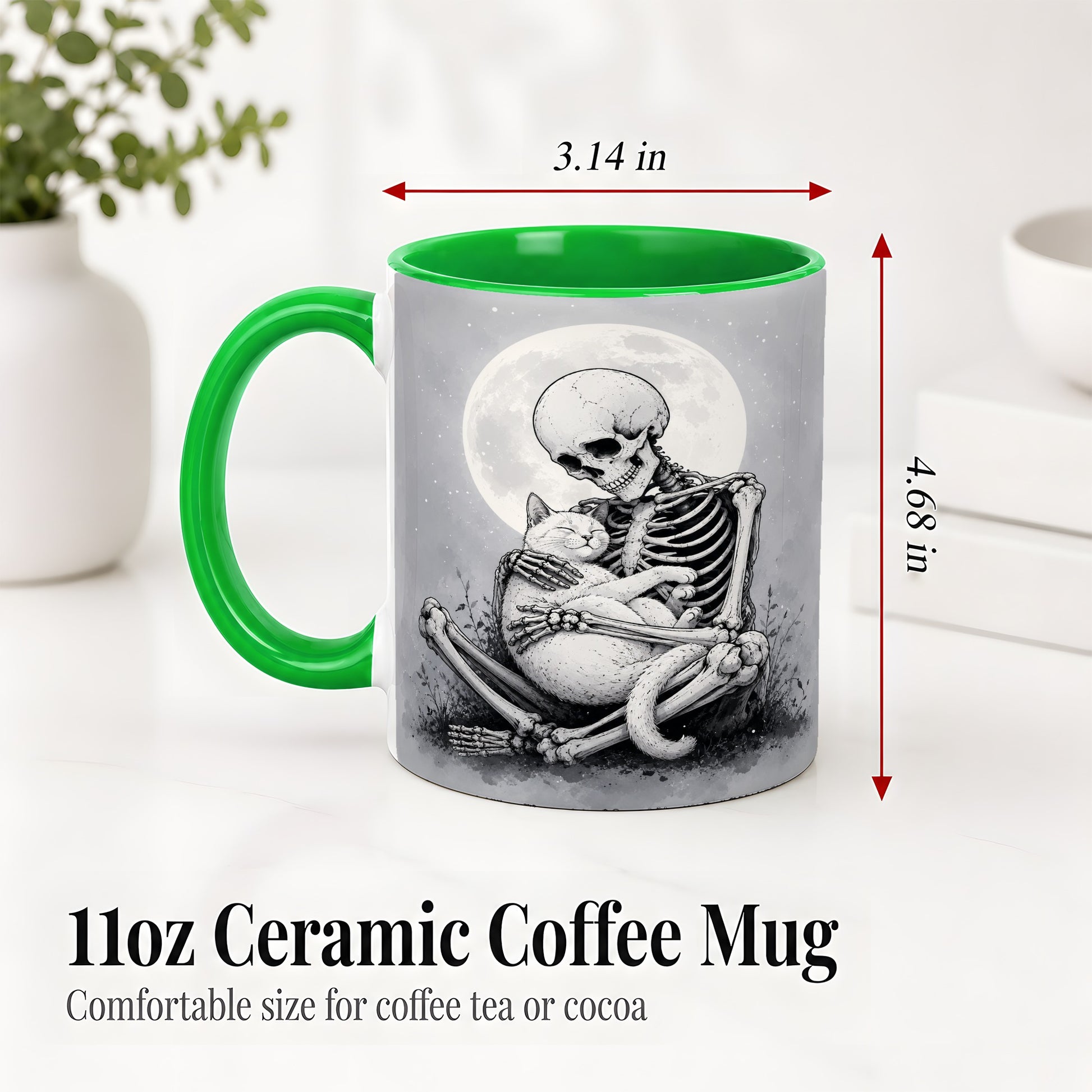 #pl[11oz|Green] Skeleton Cat Hug Ceramic Mug, Full Moon Spooky Art for Cat Lovers