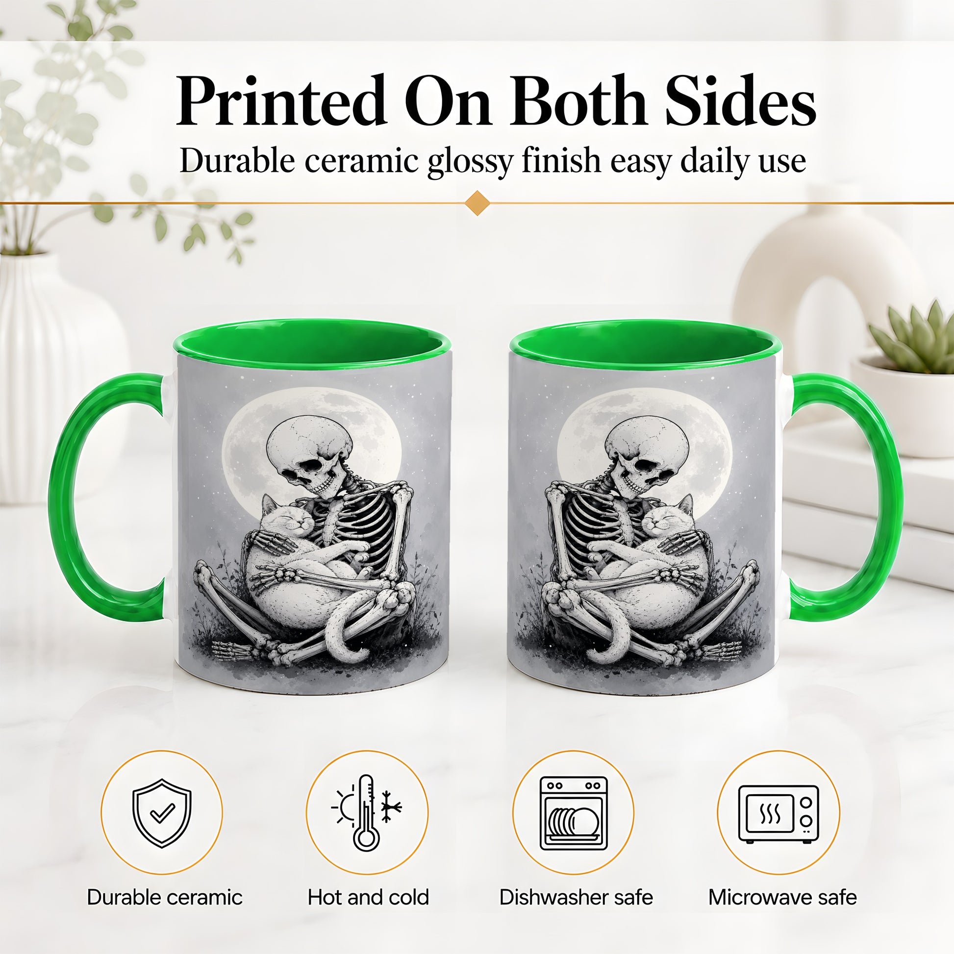 #pl[11oz|Green] Skeleton Cat Hug Ceramic Mug, Full Moon Spooky Art for Cat Lovers