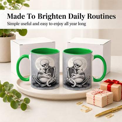 #pl[11oz|Green] Skeleton Cat Hug Ceramic Mug, Full Moon Spooky Art for Cat Lovers