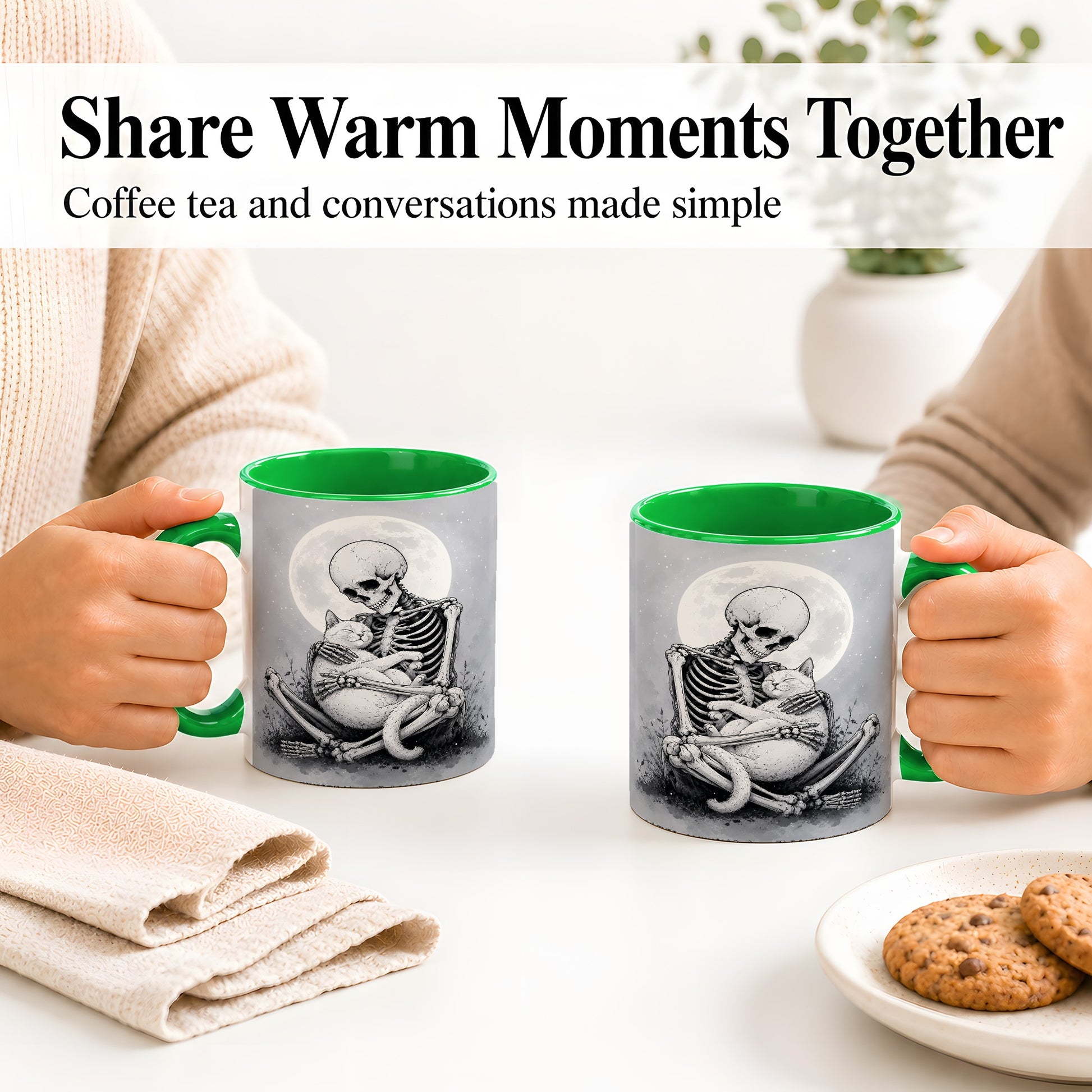 #pl[11oz|Green] Skeleton Cat Hug Ceramic Mug, Full Moon Spooky Art for Cat Lovers