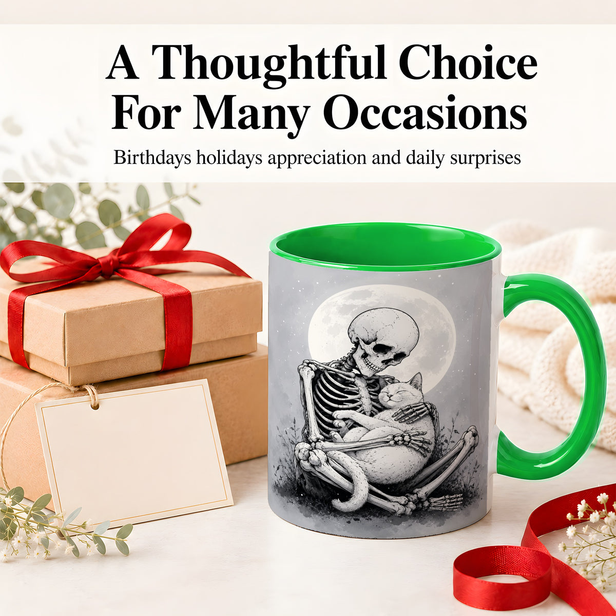 #pl[11oz|Green] Skeleton Cat Hug Ceramic Mug, Full Moon Spooky Art for Cat Lovers