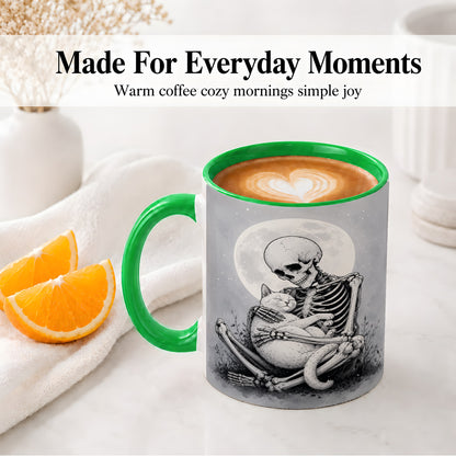 #pl[11oz|Green] Skeleton Cat Hug Ceramic Mug, Full Moon Spooky Art for Cat Lovers