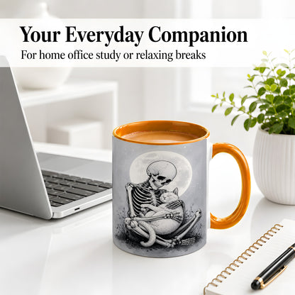 #pl[11oz|Orange] Skeleton Cat Hug Ceramic Mug, Full Moon Spooky Art for Cat Lovers