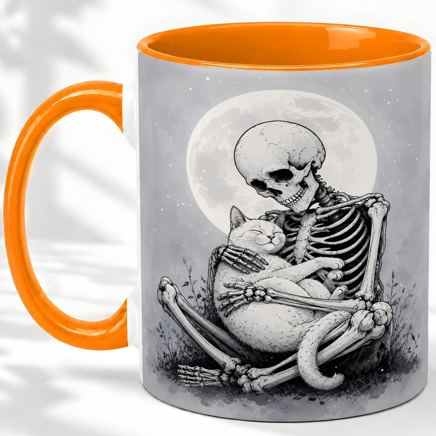 #pl[11oz|Orange] Skeleton Cat Hug Ceramic Mug, Full Moon Spooky Art for Cat Lovers