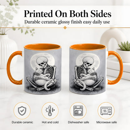#pl[11oz|Orange] Skeleton Cat Hug Ceramic Mug, Full Moon Spooky Art for Cat Lovers