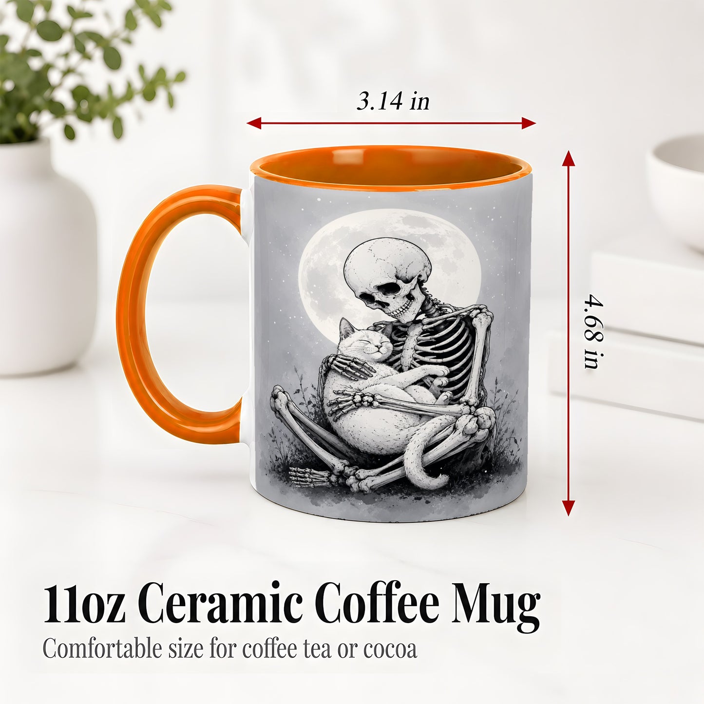 #pl[11oz|Orange] Skeleton Cat Hug Ceramic Mug, Full Moon Spooky Art for Cat Lovers