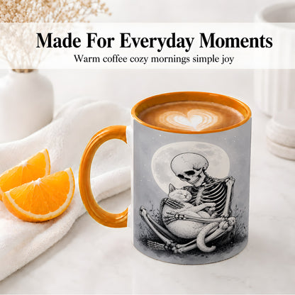 #pl[11oz|Orange] Skeleton Cat Hug Ceramic Mug, Full Moon Spooky Art for Cat Lovers
