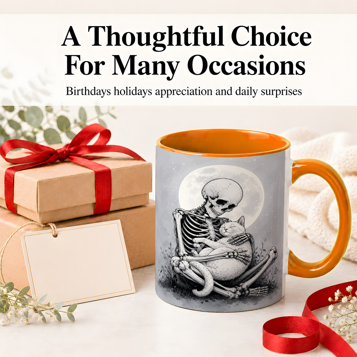 #pl[11oz|Orange] Skeleton Cat Hug Ceramic Mug, Full Moon Spooky Art for Cat Lovers