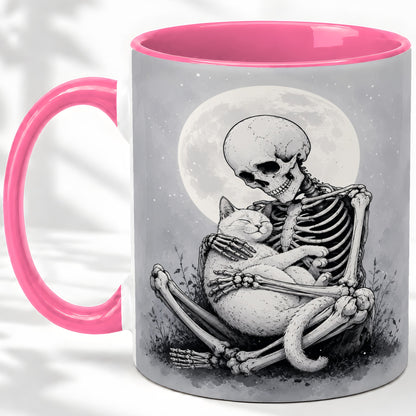 #pl[11oz|Pink] Skeleton Cat Hug Ceramic Mug, Full Moon Spooky Art for Cat Lovers