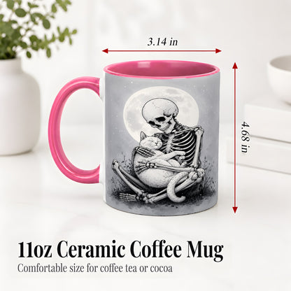 #pl[11oz|Pink] Skeleton Cat Hug Ceramic Mug, Full Moon Spooky Art for Cat Lovers