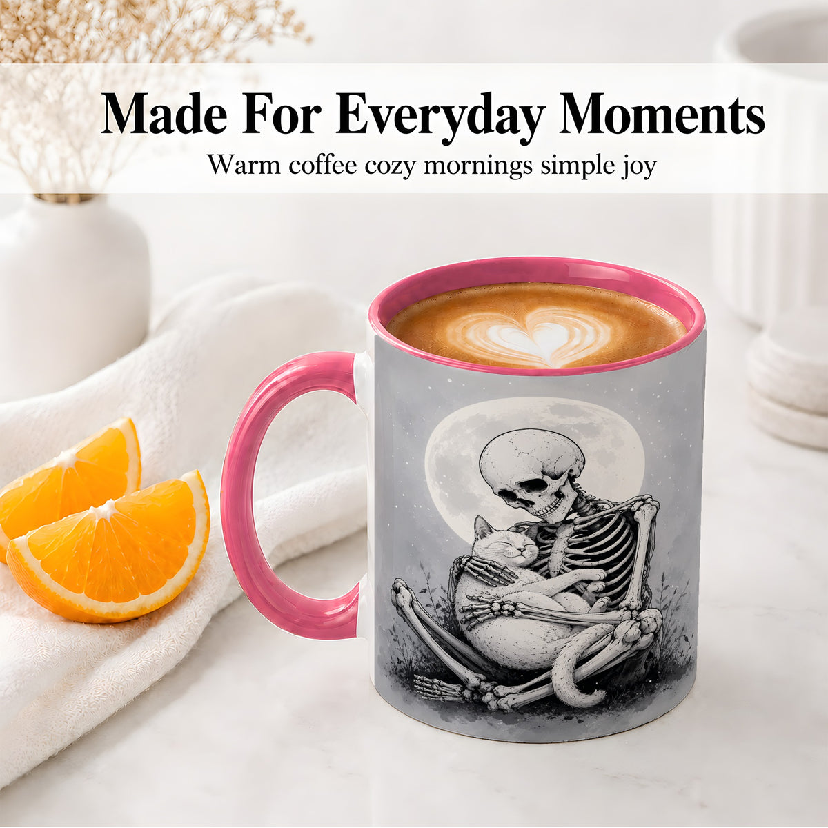 #pl[11oz|Pink] Skeleton Cat Hug Ceramic Mug, Full Moon Spooky Art for Cat Lovers