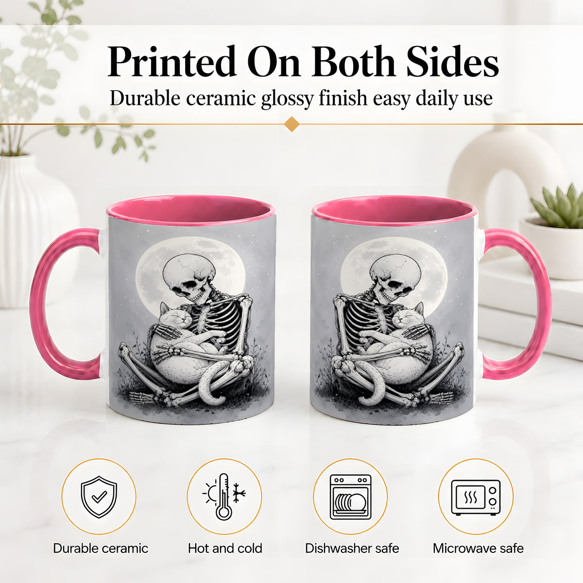 #pl[11oz|Pink] Skeleton Cat Hug Ceramic Mug, Full Moon Spooky Art for Cat Lovers
