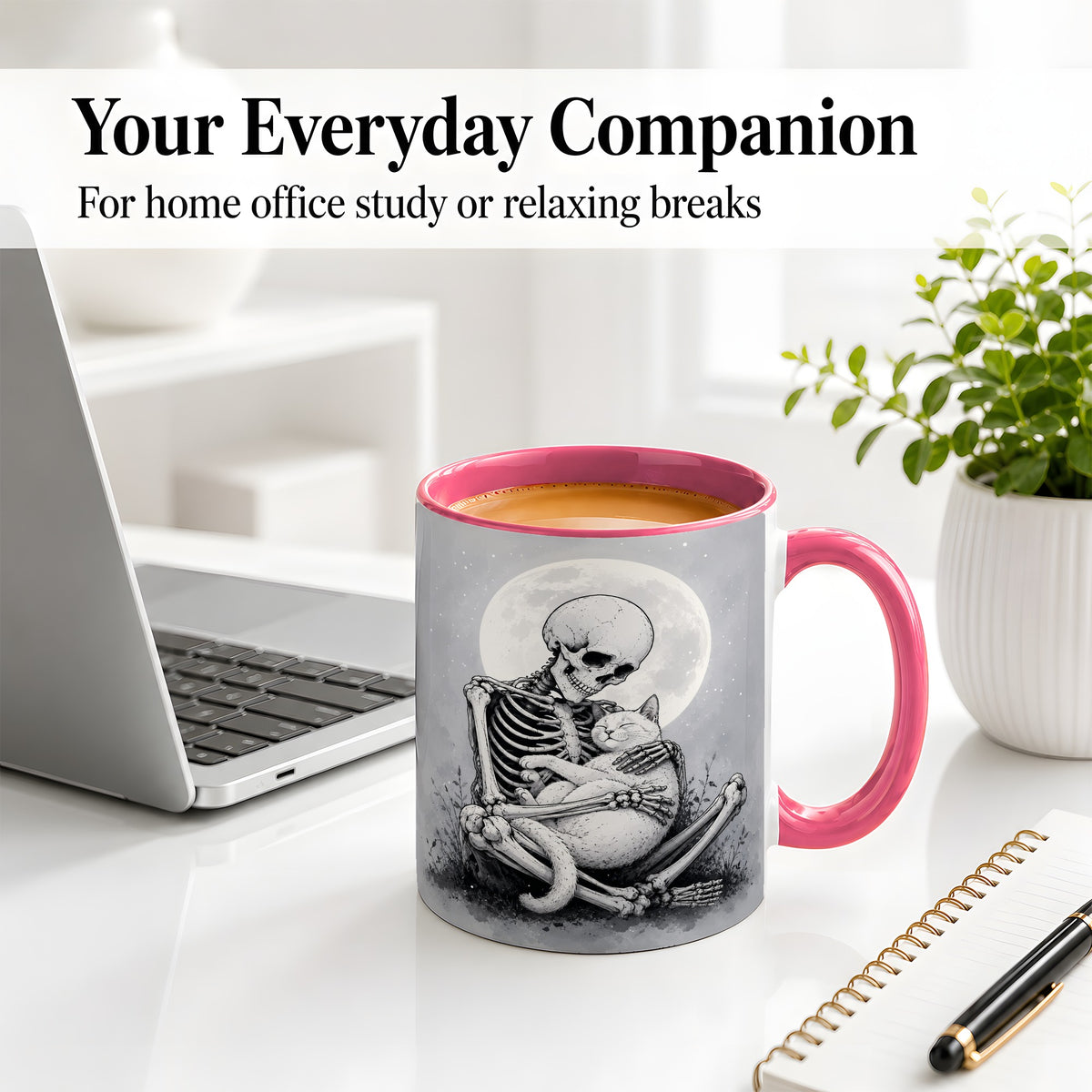 #pl[11oz|Pink] Skeleton Cat Hug Ceramic Mug, Full Moon Spooky Art for Cat Lovers