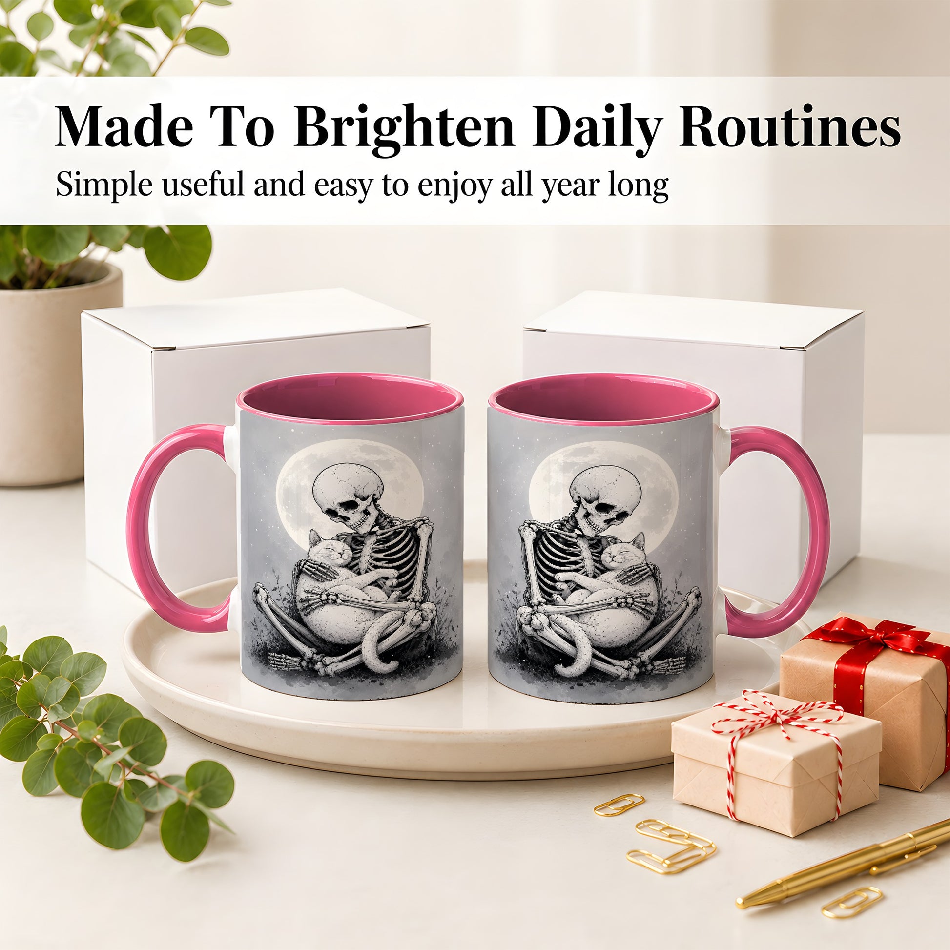 #pl[11oz|Pink] Skeleton Cat Hug Ceramic Mug, Full Moon Spooky Art for Cat Lovers