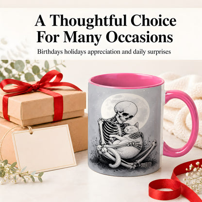 #pl[11oz|Pink] Skeleton Cat Hug Ceramic Mug, Full Moon Spooky Art for Cat Lovers